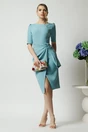 Rochie office din stofa bleu cu funda in talie