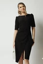 Rochie office din stofa neagra cu funda in talie