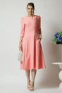 Rochie office din stofa roz cu flori la bust