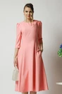Rochie office din stofa roz cu flori la bust