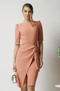 Rochie office din stofa roz piersica cu funda in talie