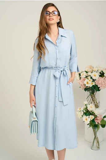 Rochie office din viscoza bleu cu cordon in talie