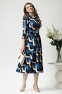 Rochie office din viscoza cu imprimeu geometric albastru si cordon in talie
