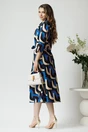 Rochie office din viscoza cu imprimeu geometric albastru si cordon in talie
