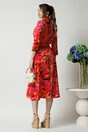 Rochie office din viscoza fucsia cu imprimeu portocaliu si cordon in talie