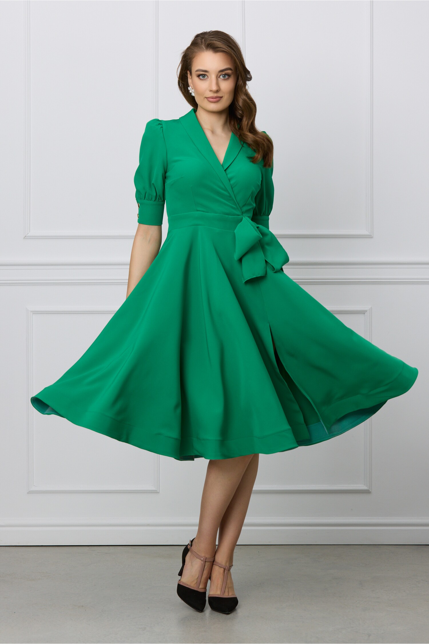 Rochie office verde cu funda in talie