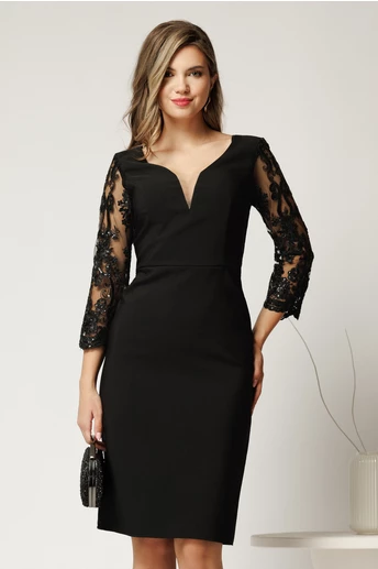 Rochie Poppy midi neagra de ocazie cu maneci din dantela cu paiete