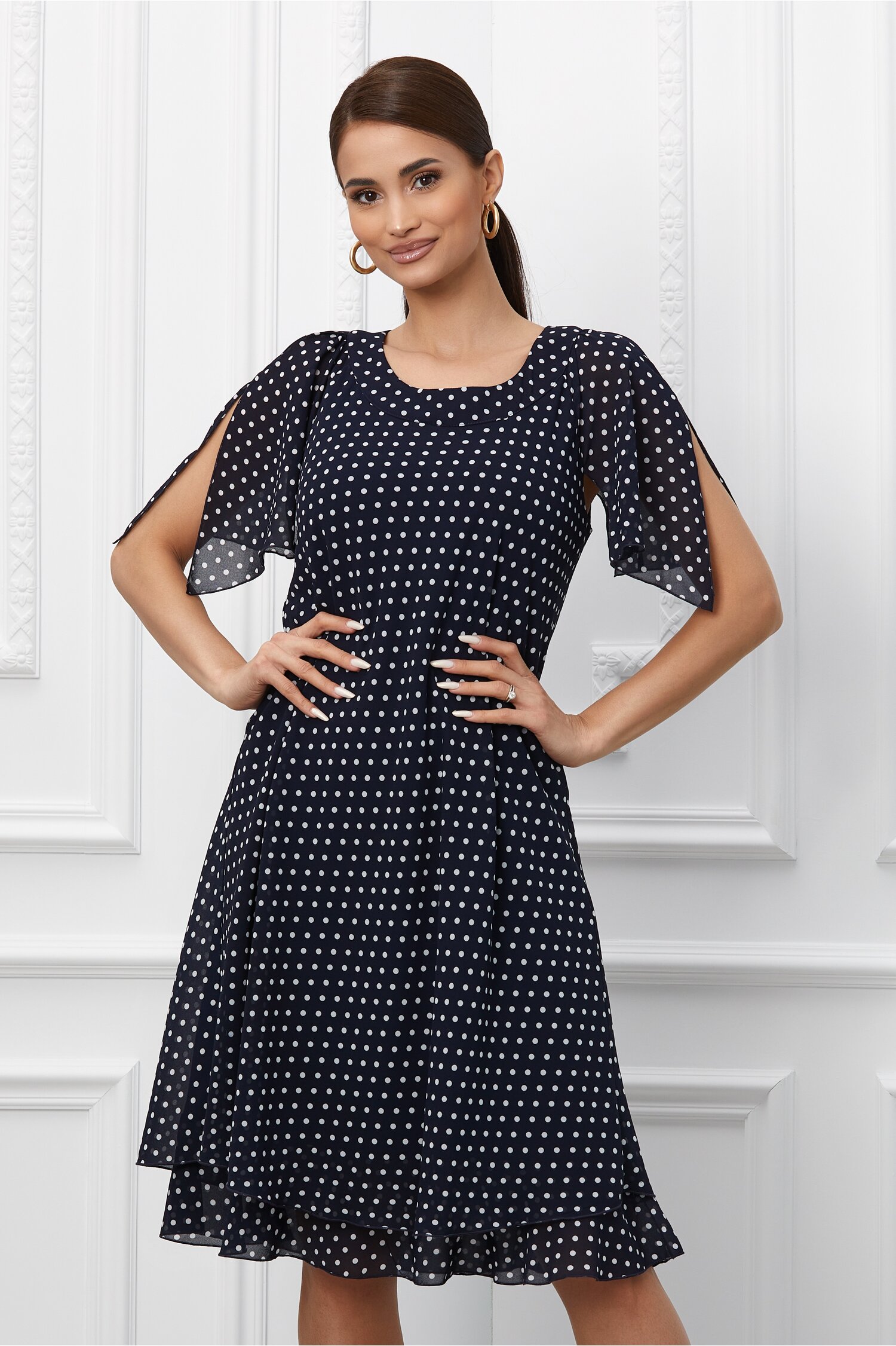 Rochie raisa bleumarin cu imprimeu buline albe