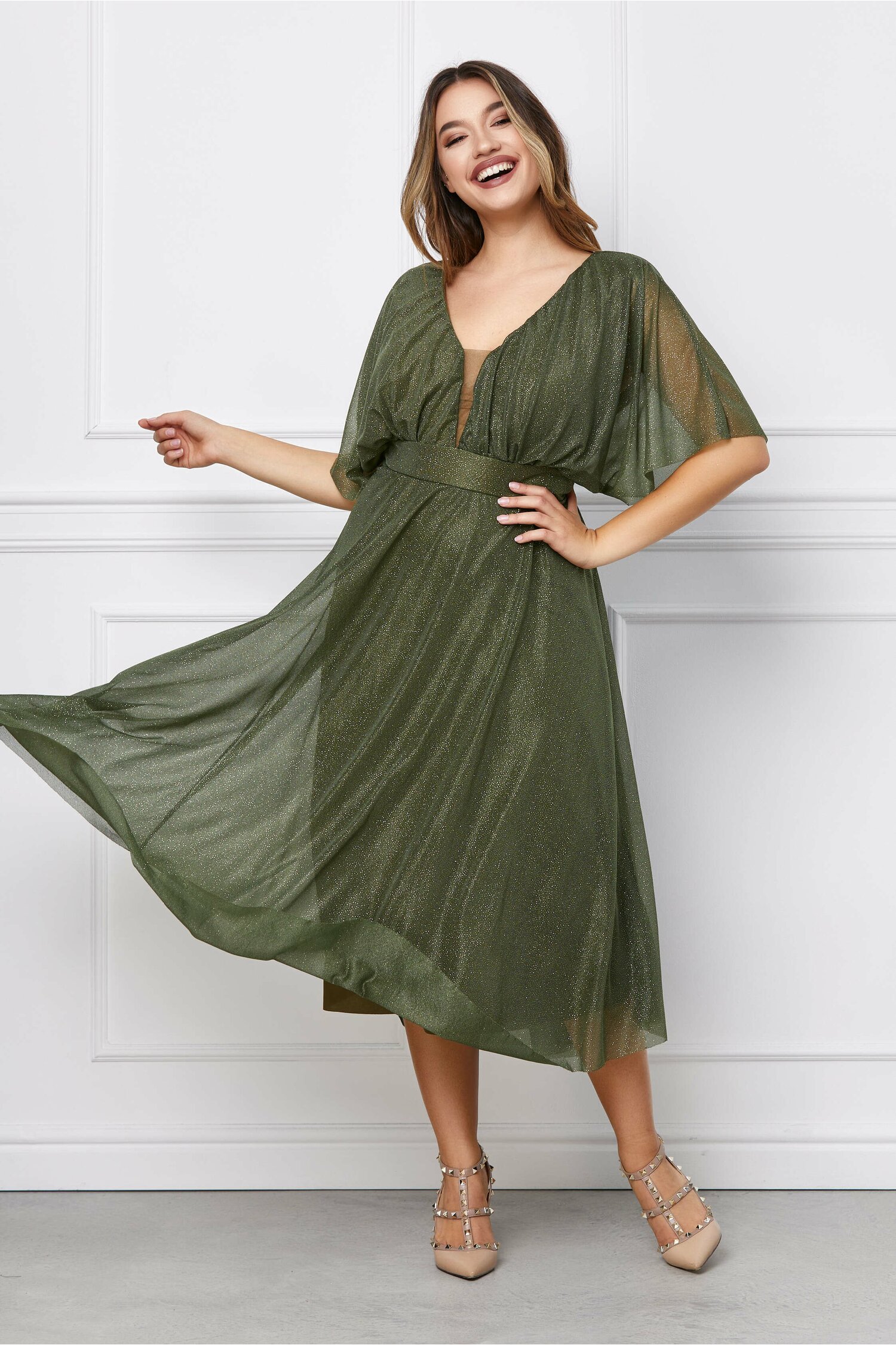 Rochie de ocazie Ranya olive din tull cu sclipici