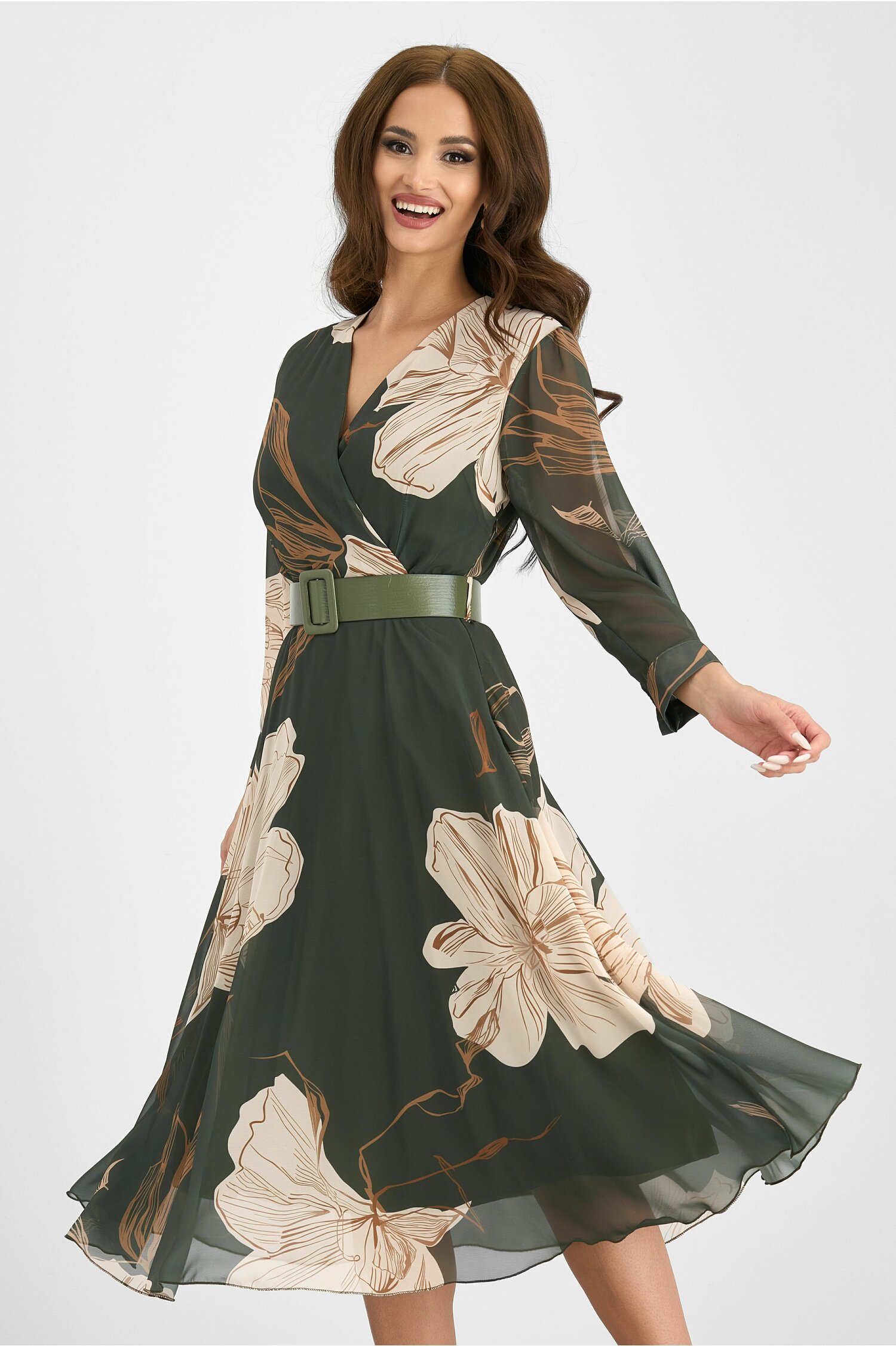 Rochie rebeca kaki cu imprimeu floral si curea in talie