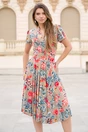 Rochiedin viscoza bej cu croi petrecut si imprimeu floral rosu