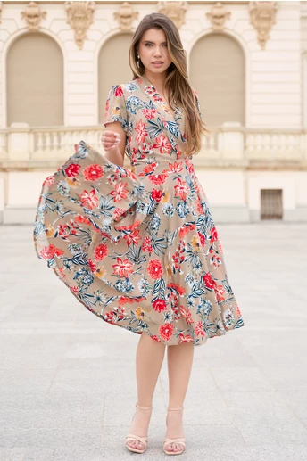Rochiedin viscoza bej cu croi petrecut si imprimeu floral rosu