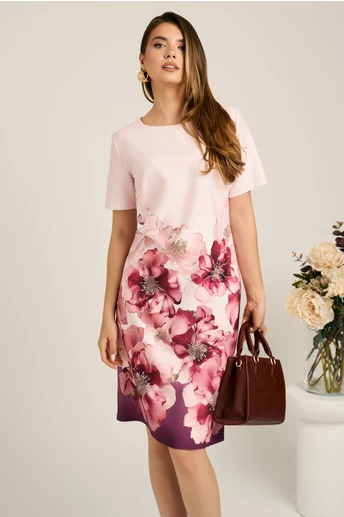 Rochie midi roz cu flori magenta din stofa cu croi drept