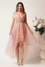 Rochie roz cu lungime asimetrica din tull in clos cu cordon in talie- Ella Collection Isabel, 1, dyfashion.ro