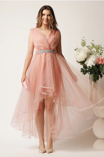 Rochie roz cu lungime asimetrica din tull in clos cu cordon in talie- Ella Collection Isabel