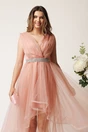 Rochie roz cu lungime asimetrica din tull in clos cu cordon in talie- Ella Collection Isabel, 3, dyfashion.ro