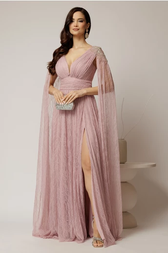 Rochie roz lunga de seara din dantela cu aplicatii pe umeri