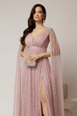 Rochie roz lunga de seara din dantela cu aplicatii pe umeri, 3, dyfashion.ro