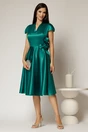 Rochie Sabrina verde din tafta cu accesoriu floral textil si decolteu in V, 3, dyfashion.ro