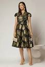 Rochie Sabrina neagra cu insertii florale aurii si decolteu in V, 3, dyfashion.ro
