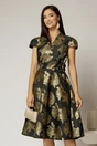 Rochie Sabrina neagra cu insertii florale aurii si decolteu in V, 1, dyfashion.ro