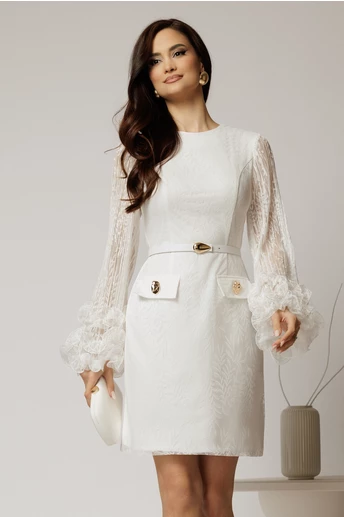 Rochie scurta alba din dantela cu maneci ample