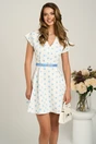 Rochie scurta alba din stofa in clos cu buline bleu si curea in talie, 1, dyfashion.ro