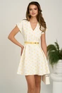 Rochie scurta alba din stofa in clos cu buline galbene si curea in talie, 1, dyfashion.ro