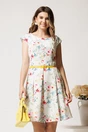 Rochie scurta alba in clos cu flori galbene si curtea in talie, 1, dyfashion.ro