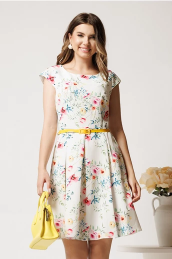 Rochie scurta alba in clos cu flori galbene si curtea in talie