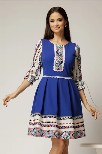 Rochie scurta albastra cu motive etno