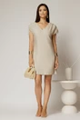 Rochie scurta bej cu croi drept din rayon cu decolteu in V si snur la maneci, 3, dyfashion.ro