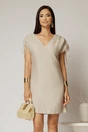 Rochie scurta bej cu croi drept din rayon cu decolteu in V si snur la maneci, 1, dyfashion.ro