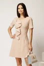Rochie scurta bej din bumbac cu croi cambrat, nasturi decorativi si volan, 1, dyfashion.ro