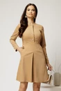 Rochie scurta bej din catifea reiata cu pliu pe fusta si nasturi perla, 1, dyfashion.ro