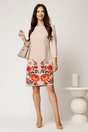 Rochie scurta bej din stofa cu croi cambrat si imprimeu orange la baza, 3, dyfashion.ro