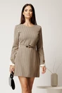 Rochie scurta bej din stofa cu dungi negre si curea in talie, 1, dyfashion.ro