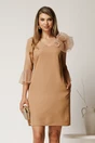 Rochie scurta bej din stofa cu mansete din voal plisat si floare maxi, 1, dyfashion.ro