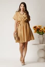 Rochie scurta bej din tencel in clos cu elastic si cordon in talie, 3, dyfashion.ro