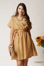 Rochie scurta bej din tencel in clos cu elastic si cordon in talie, 1, dyfashion.ro