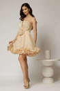 Rochie scurta bej din voal in clos cu volanase si floare maxi pe talie, 3, dyfashion.ro