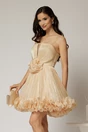 Rochie scurta bej din voal in clos cu volanase si floare maxi pe talie, 1, dyfashion.ro