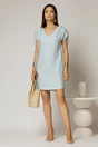Rochie scurta bleu cu croi drept din rayon cu decolteu in V si snur la maneci, 3, dyfashion.ro