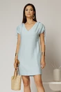 Rochie scurta bleu cu croi drept din rayon cu decolteu in V si snur la maneci, 1, dyfashion.ro