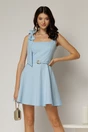 Rochie scurta bleu cu funda pe umar si decolteu patrat, 1, dyfashion.ro