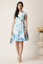 Rochie scurta bleu cu imprimeuri albastre in clos cu buzunare si curea in talie, 3, dyfashion.ro