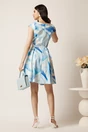 Rochie scurta bleu cu imprimeuri albastre in clos cu buzunare si curea in talie, 2, dyfashion.ro