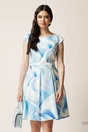 Rochie scurta bleu cu imprimeuri albastre in clos cu buzunare si curea in talie, 1, dyfashion.ro