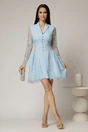 Rochie scurta bleu cu maneci din dantela si nasturi decorativi, 3, dyfashion.ro