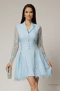 Rochie scurta bleu cu maneci din dantela si nasturi decorativi, 1, dyfashion.ro